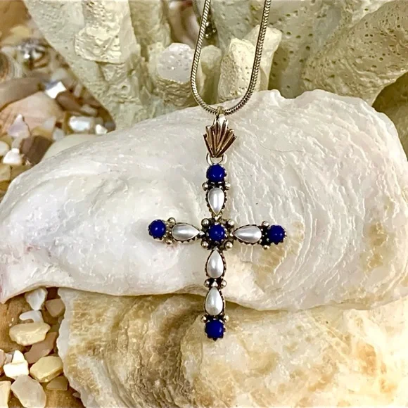 Lapis & Freshwater Pearl Sterling Silver Cross Pendant